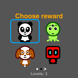 Choose reward: the roster grid with the panda ringed and Levels: 3 beneath