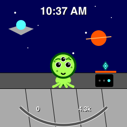 The alien in its spaceship, a ringed planet out the viewport