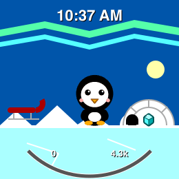 The penguin on its ice floe, igloo and aurora overhead