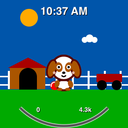 The puppy in its backyard, doghouse and picket fence