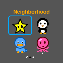 The neighborhood's second page — star, penguin, platypus and octopus — with the page dots and a left chevron underneath