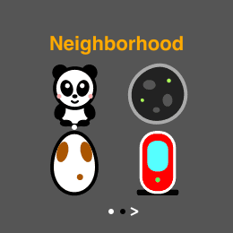 The neighborhood, page one: the panda and three eggs, with the page dots and a right chevron underneath