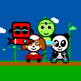 The whole party riding out along the panda's bamboo trail, each on its own ride