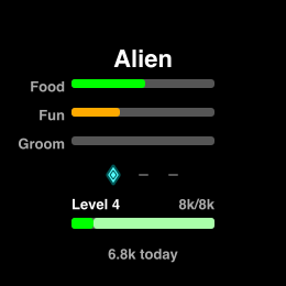 The stats page: meters, level bar and steps